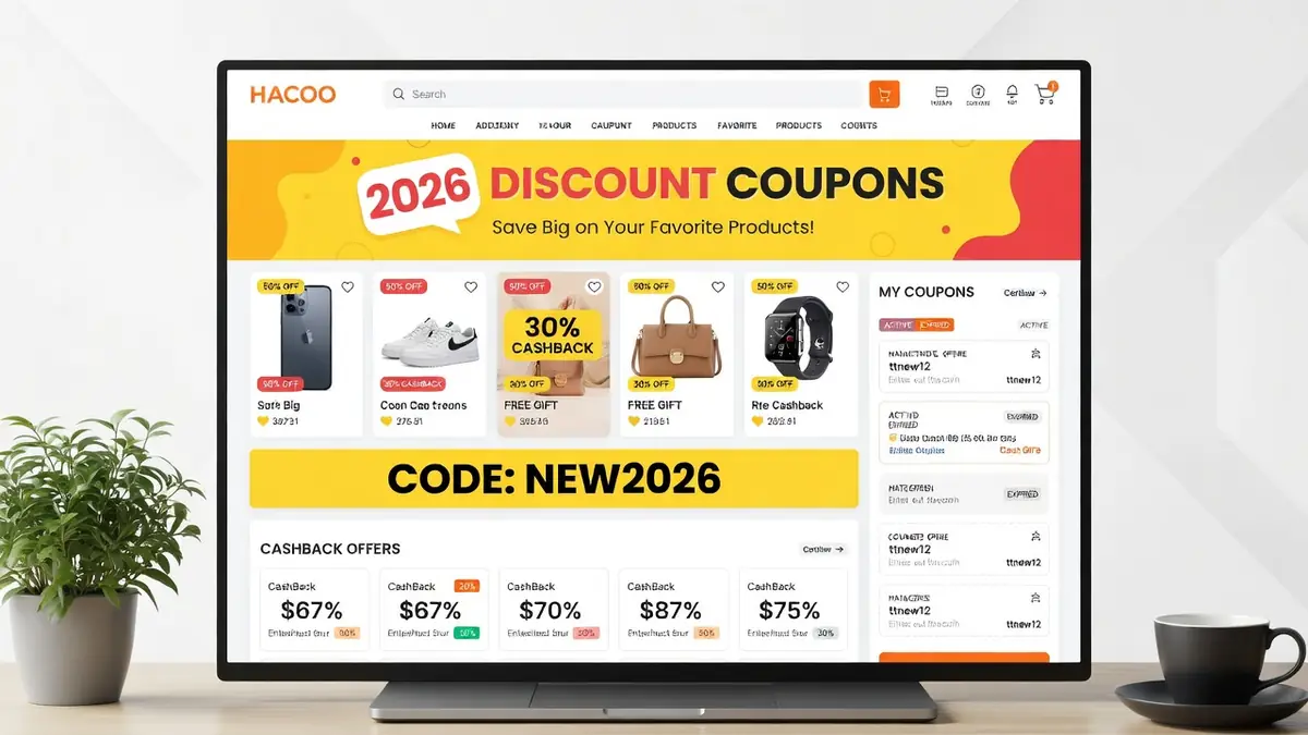 Un écran d'ordinateur sur un bureau présente des produits et réductions avec code promo Hacoo