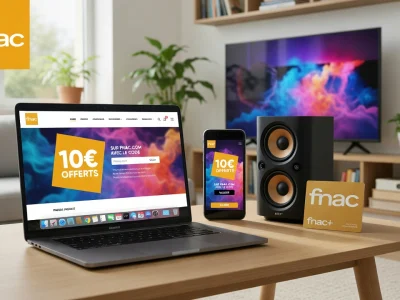 Un ordinateur, un smartphone et des enceintes sur une table dans un salon pour les codes promos Fnac