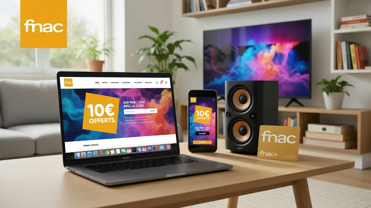 Un ordinateur, un smartphone et des enceintes sur une table dans un salon pour les codes promos Fnac