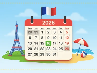 La tour Eiffel et une plage illustrent les jours fériés juillet 2026