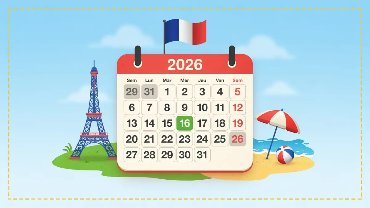 La tour Eiffel et une plage illustrent les jours fériés juillet 2026