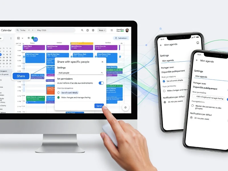Une main interagit avec un ordinateur et des smartphones afin de partager agenda Google