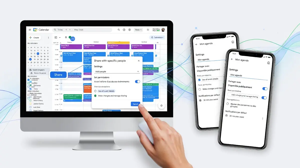 Une main interagit avec un ordinateur et des smartphones afin de partager agenda Google