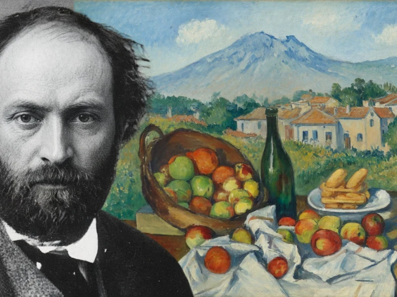 Paul Cézanne apparaît près d'une nature morte aux fruits et d'un paysage ```