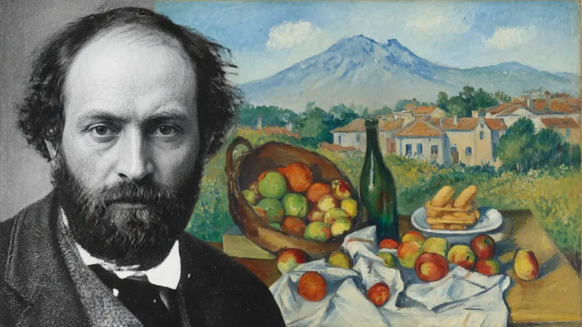 Paul Cézanne apparaît près d'une nature morte aux fruits et d'un paysage ```