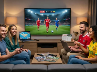 Des amis profitent du foot gratuit en streaming sur un grand écran dans leur salon