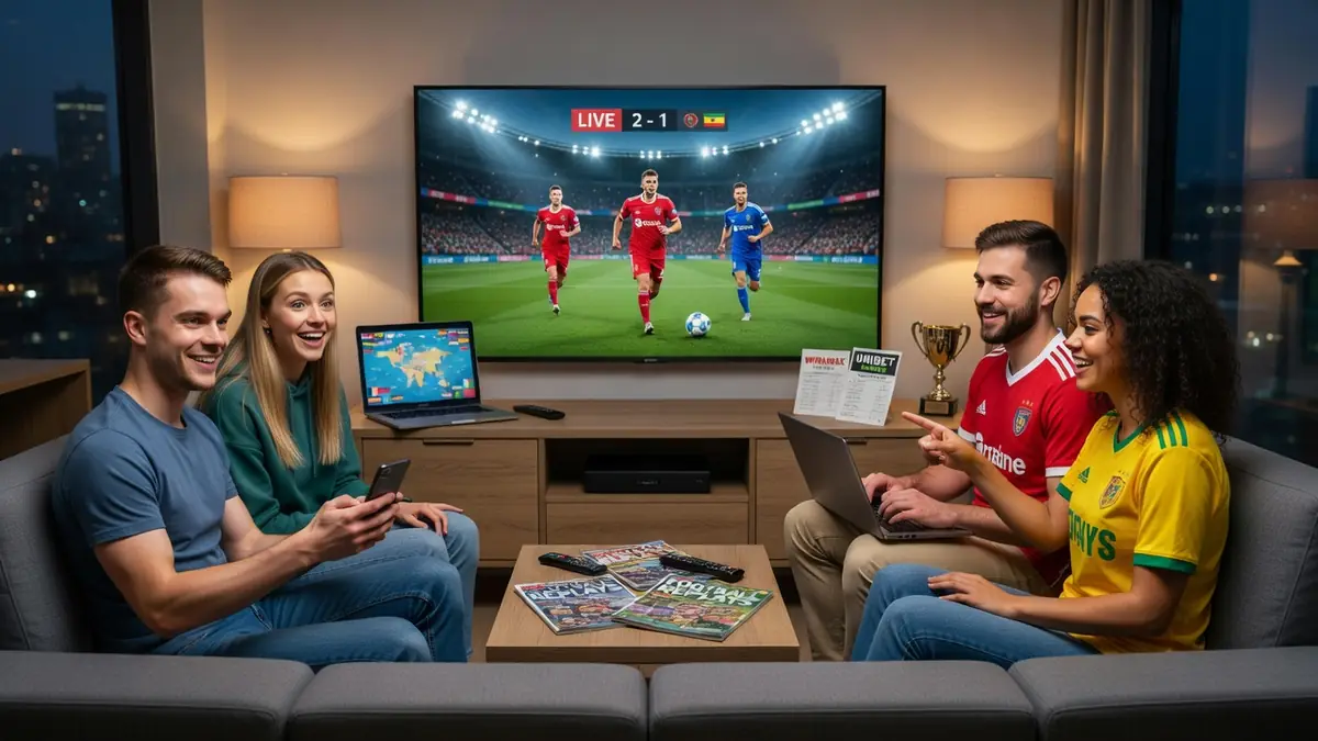Des amis profitent du foot gratuit en streaming sur un grand écran dans leur salon