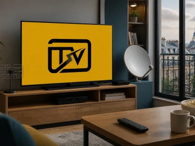 Salon avec télévision pour regarder la télévision en direct gratuit tnt avec une vue sur la tour Eiffel