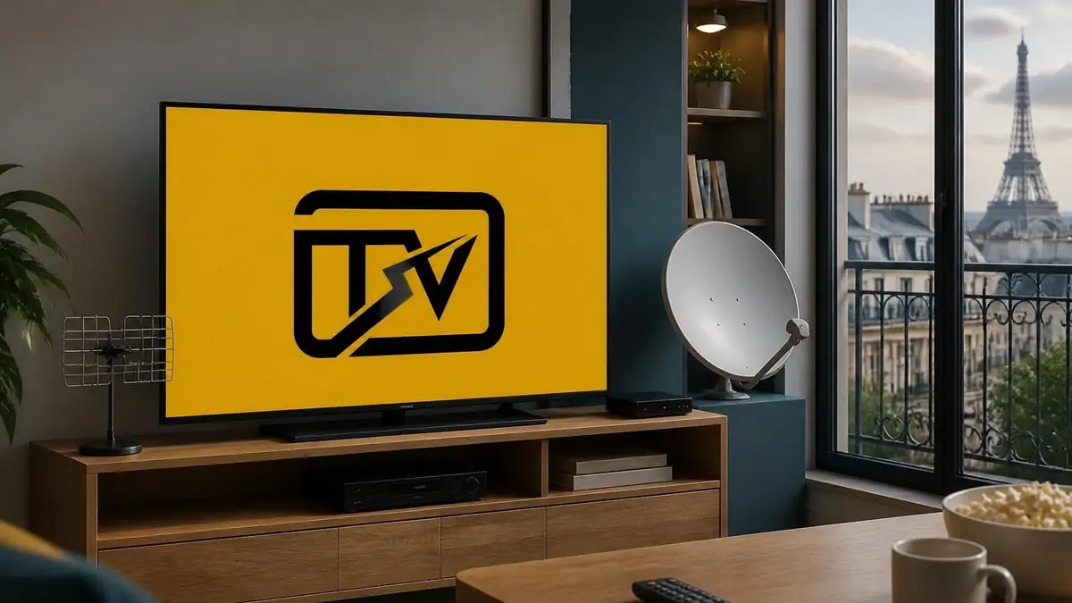 Salon avec télévision pour regarder la télévision en direct gratuit tnt avec une vue sur la tour Eiffel