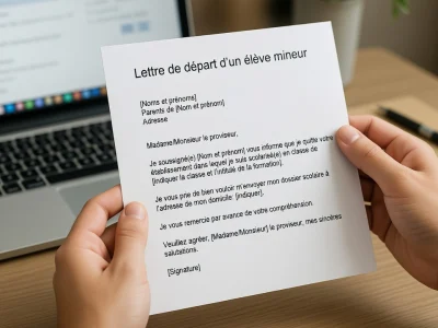 Des mains tiennent une lettre de démission d'un lycée devant un ordinateur portable