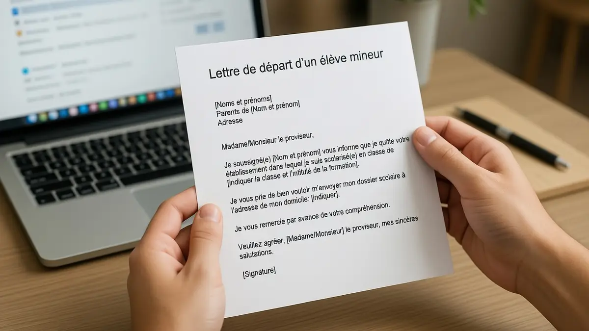 Des mains tiennent une lettre de démission d'un lycée devant un ordinateur portable