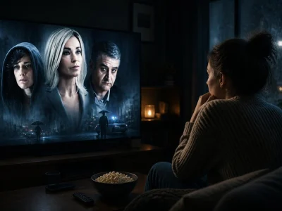 Une personne regarde un filme complet en français sur son téléviseur dans le salon le soir
