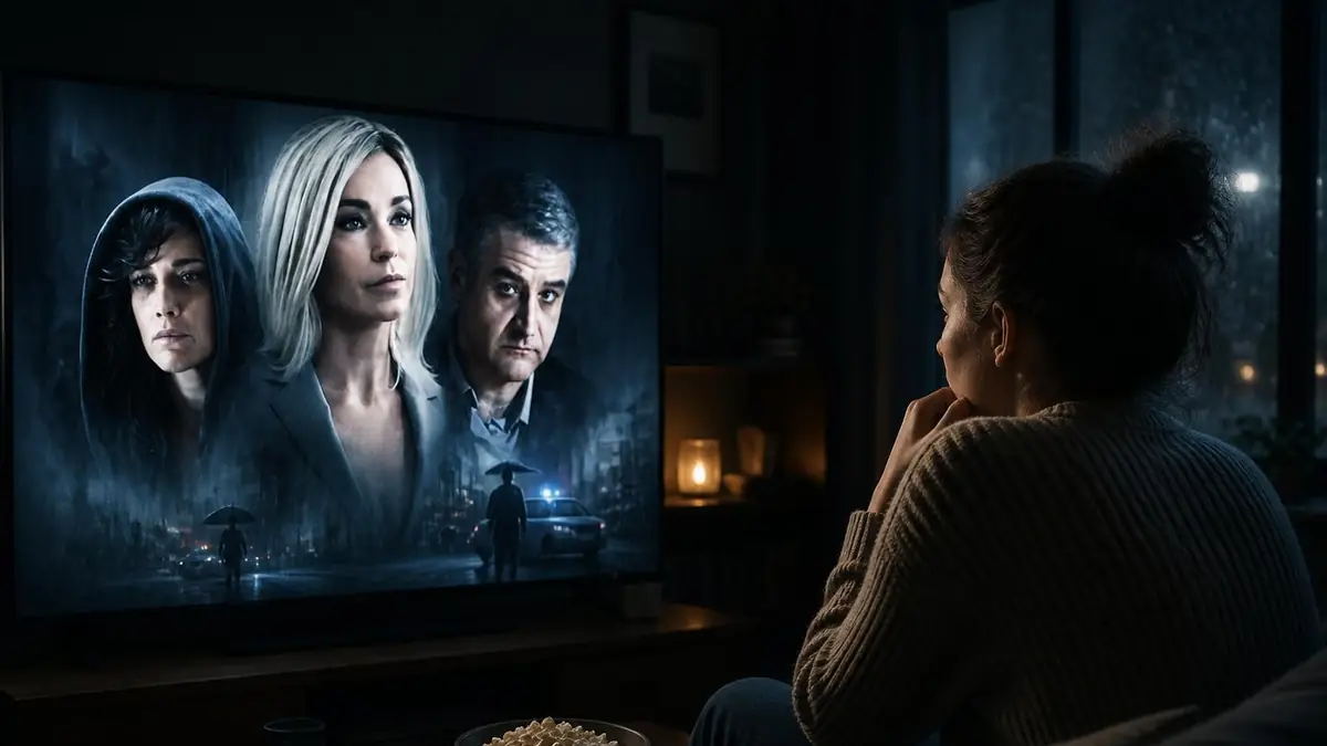 Une personne regarde un filme complet en français sur son téléviseur dans le salon le soir