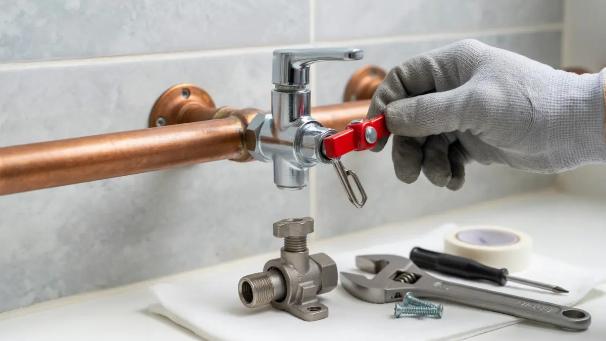 Main gantée serrant un robinet avec une clé pour illustrer comment remplacer un robinet autoperceur à l'aide d'outils de plomberie