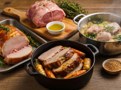 Table garnie de palette de porc recette cuite de différentes manières avec des légumes