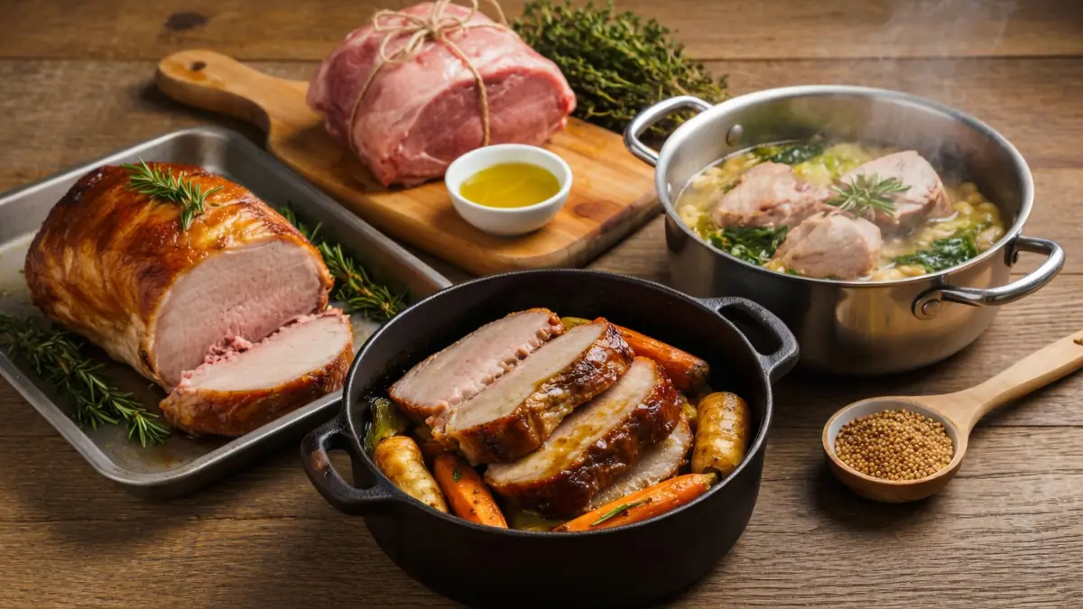 Table garnie de palette de porc recette cuite de différentes manières avec des légumes