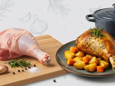 Une planche avec une cuisse de dinde crue à côté d'une assiette avec une cuisse de dinde cuite et des légumes rôtis