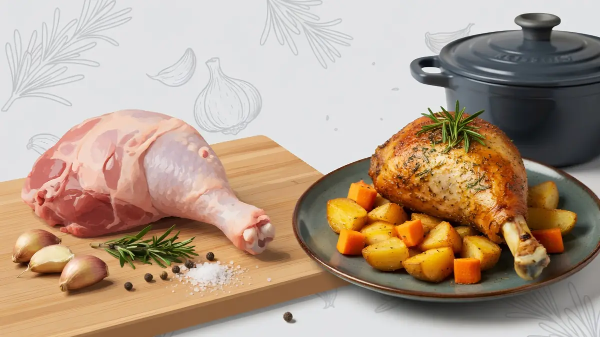 Une planche avec une cuisse de dinde crue à côté d'une assiette avec une cuisse de dinde cuite et des légumes rôtis