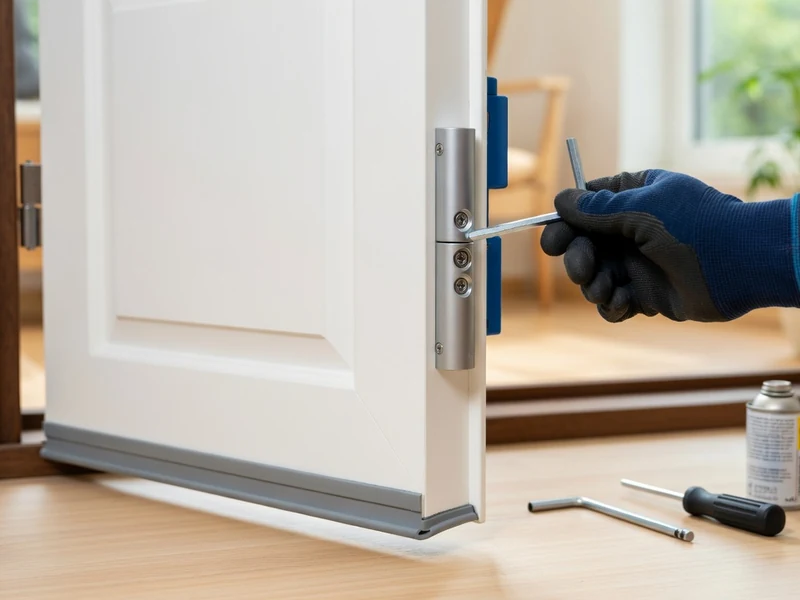 Une main gantée procède au réglage porte d'entrée à l'aide d'une clé Allen sur une porte blanche