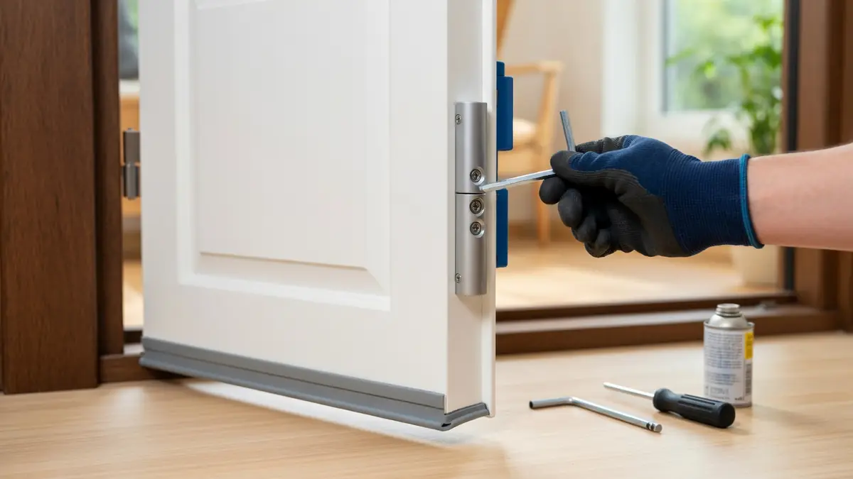 Une main gantée procède au réglage porte d'entrée à l'aide d'une clé Allen sur une porte blanche