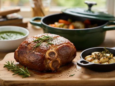 Une rouelle de porc rôtie avec romarin et accompagnements illustre la recette pour rouelle de porc