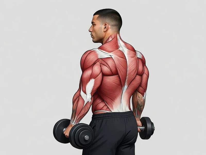 Un homme effectuant des shrugs haltères pour cibler ses muscles trapèzes visibles en vue arrière