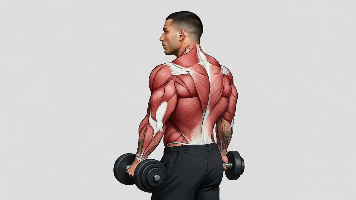 Un homme effectuant des shrugs haltères pour cibler ses muscles trapèzes visibles en vue arrière