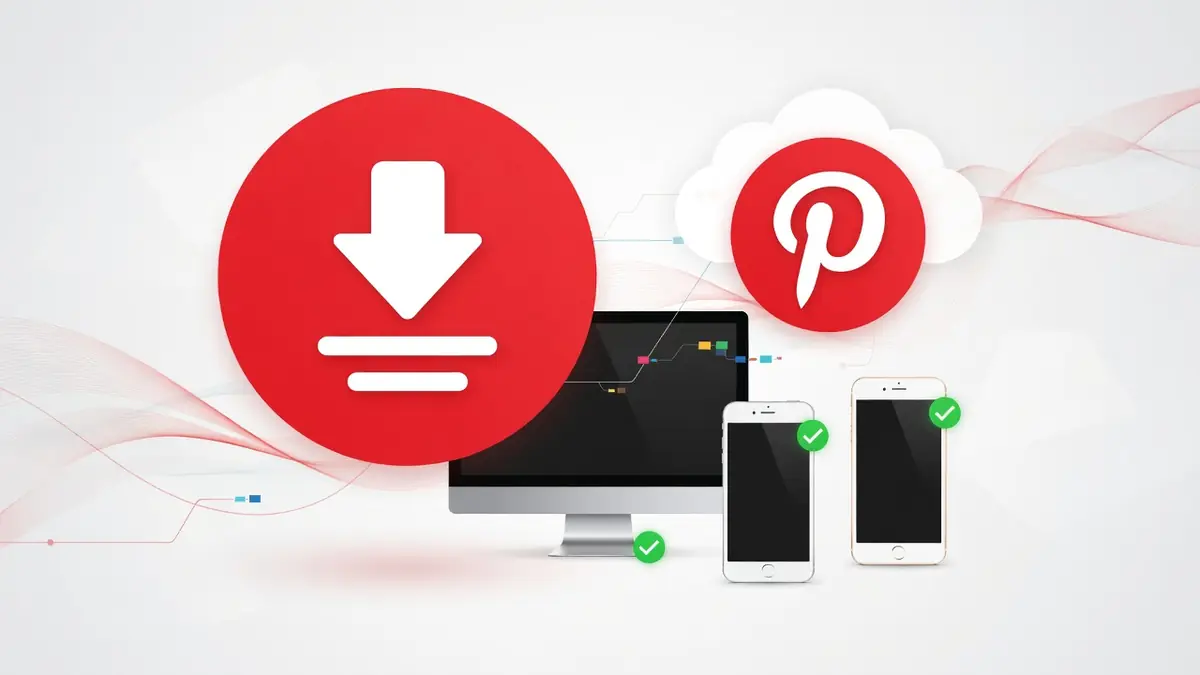 L'image représente le téléchargement vidéo Pinterest sur un ordinateur et deux smartphones