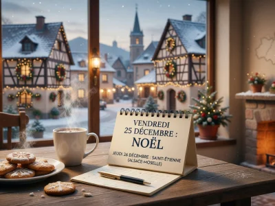 Une table avec biscuits et tasse face à un village enneigé pendant les jours fériés Décembre 2026