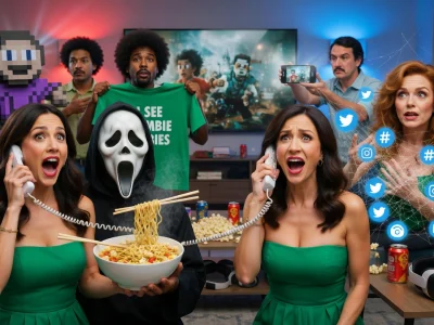 Des personnages parodiques et le tueur masqué de Scary Movie réunis dans une scène absurde et humoristique