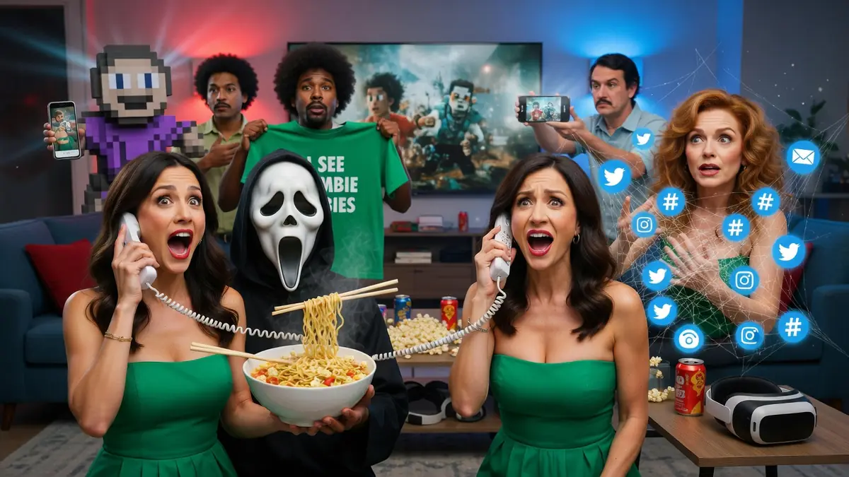 Des personnages parodiques et le tueur masqué de Scary Movie réunis dans une scène absurde et humoristique