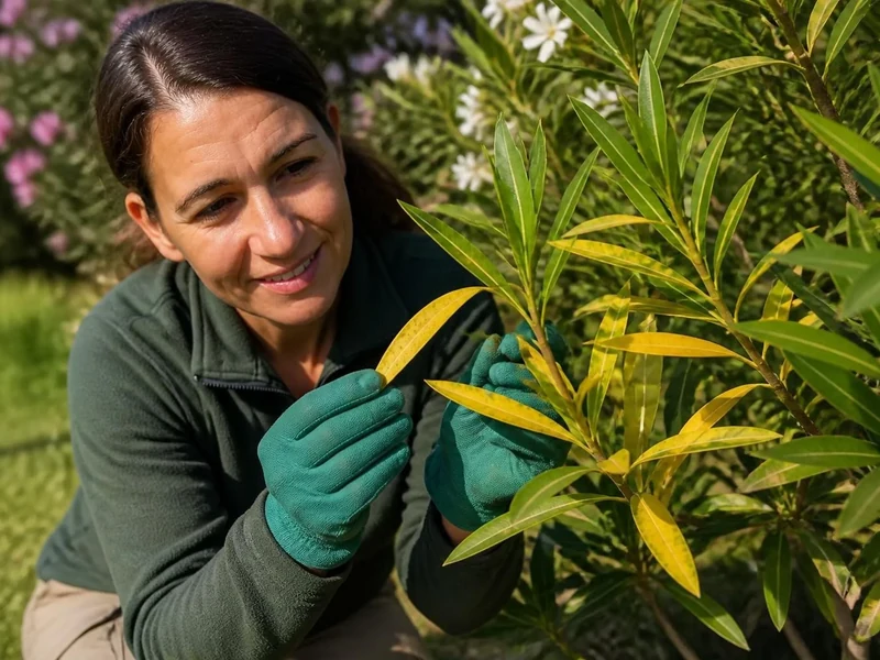 Une jardinière examine attentivement les feuilles jaunes Laurier rose dans son jardin