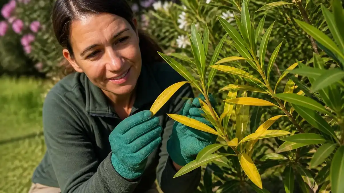 Une jardinière examine attentivement les feuilles jaunes Laurier rose dans son jardin