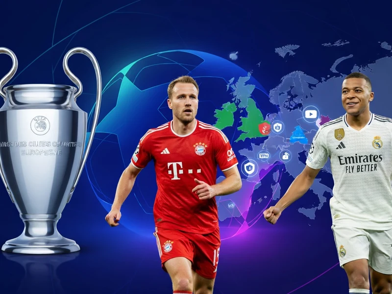 Deux joueurs de football et un trophée sur fond de carte du monde symbolisant ligues des champions streaming