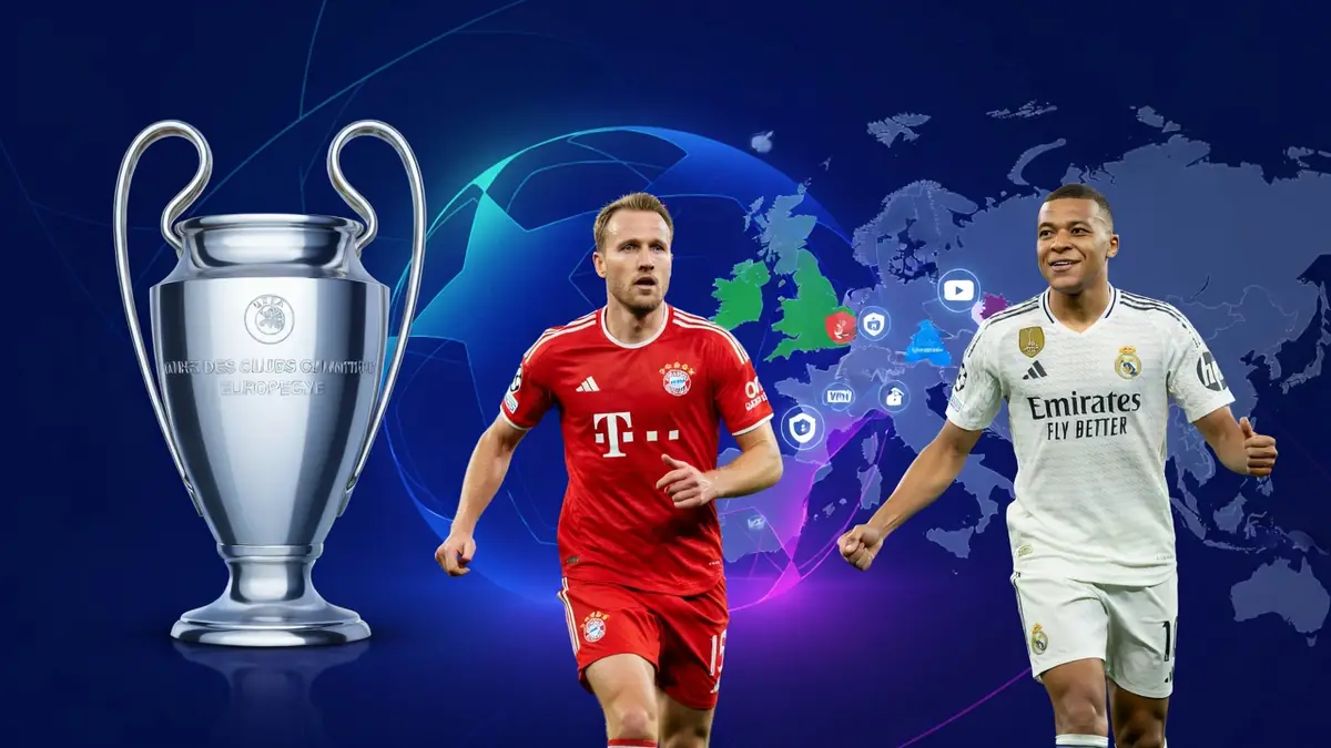 Deux joueurs de football et un trophée sur fond de carte du monde symbolisant ligues des champions streaming