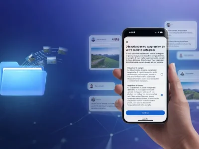 Une main tenant un smartphone avec dossiers numériques sur fond bleu pour comment supprimer un compte Insta