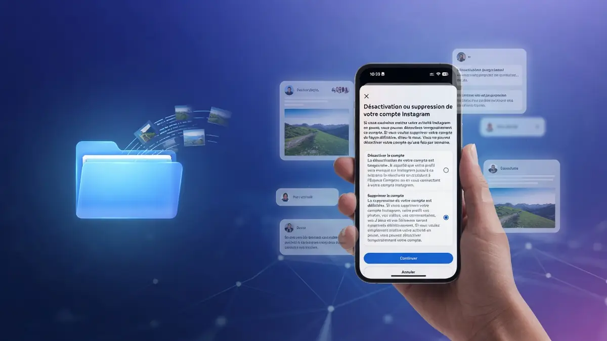 Une main tenant un smartphone avec dossiers numériques sur fond bleu pour comment supprimer un compte Insta