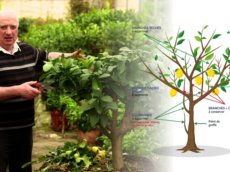 Un homme montre comment tailler le citronnier sur un arbre aux fruits avec un schéma ```