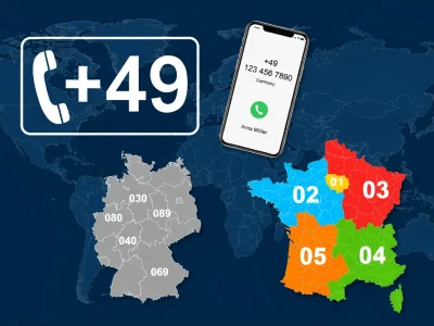 Carte du monde avec l'Allemagne et la France mises en avant et un téléphone portable pour l'indicatif 49
