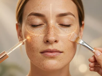 Application de sérum sur les tâches brunes au visage d'une femme aux yeux clos