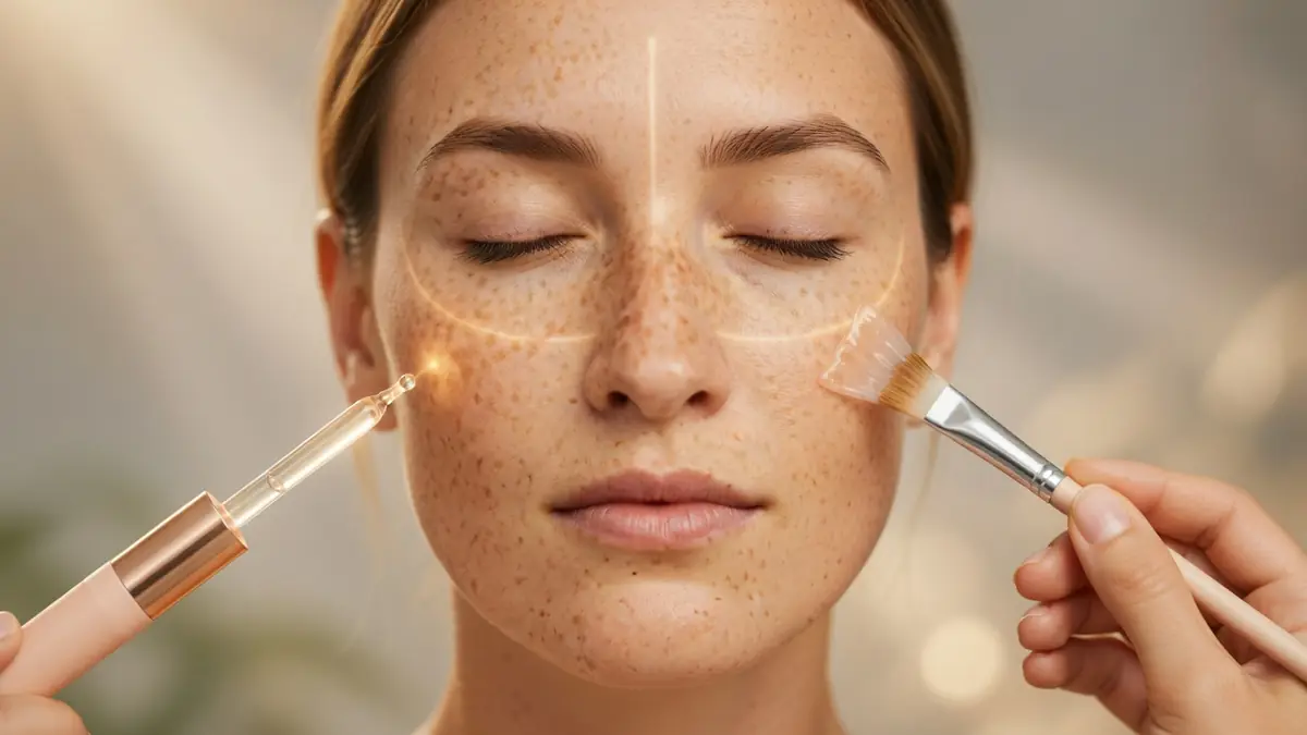 Application de sérum sur les tâches brunes au visage d'une femme aux yeux clos