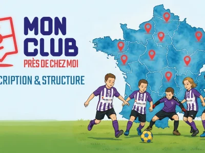 Des enfants jouent au football devant une carte de France pour le club de football autour de moi