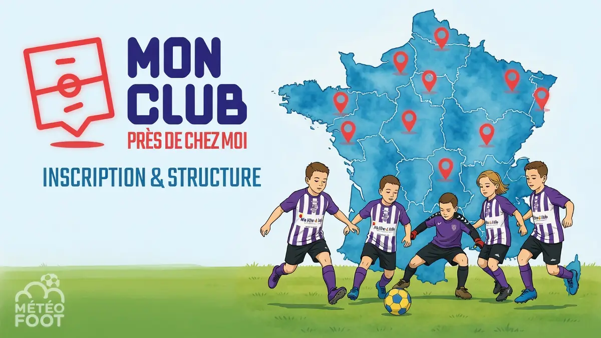 Des enfants jouent au football devant une carte de France pour le club de football autour de moi