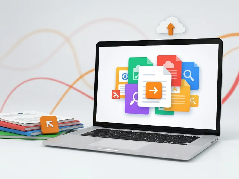 Un ordinateur portable avec icônes colorées et livres à côté illustre i love PDF fusionner