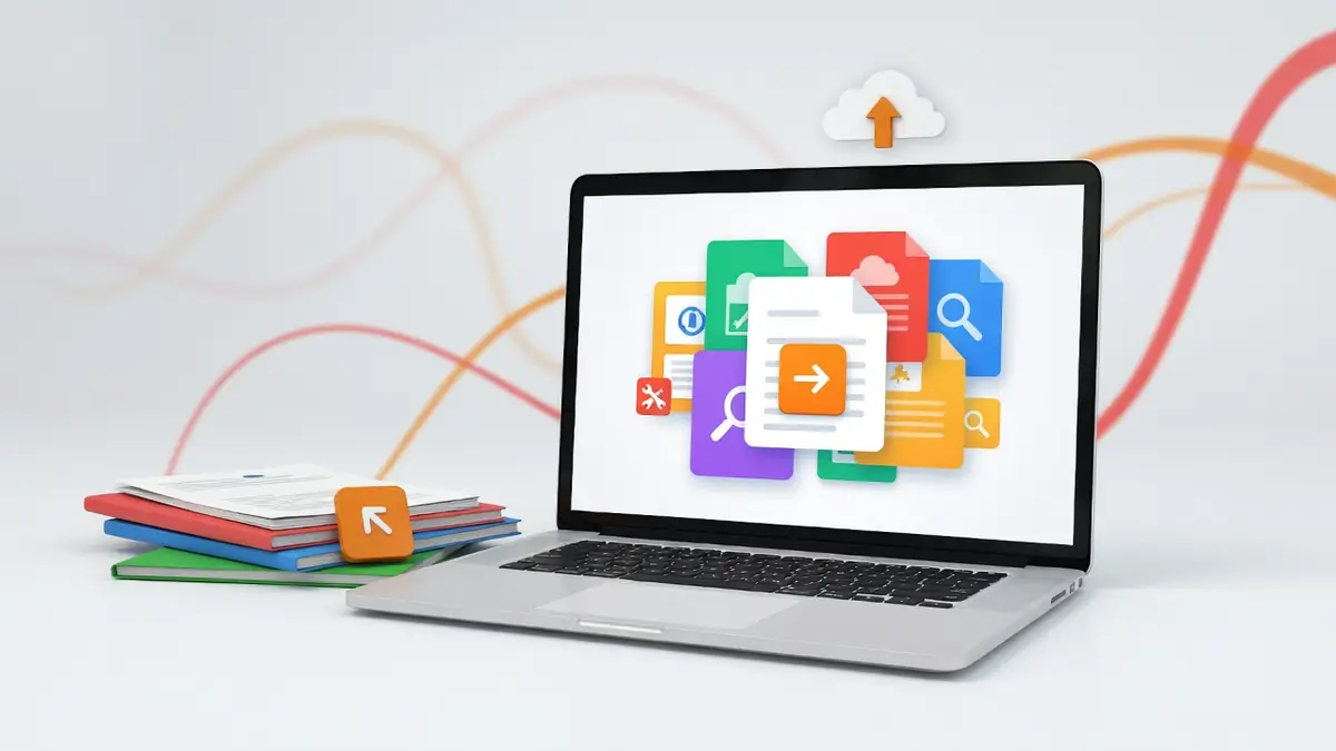Un ordinateur portable avec icônes colorées et livres à côté illustre i love PDF fusionner