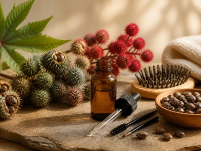 Une petite bouteille d'huile de ricin bio entourée de graines de ricin et d'accessoires de soins capillaires