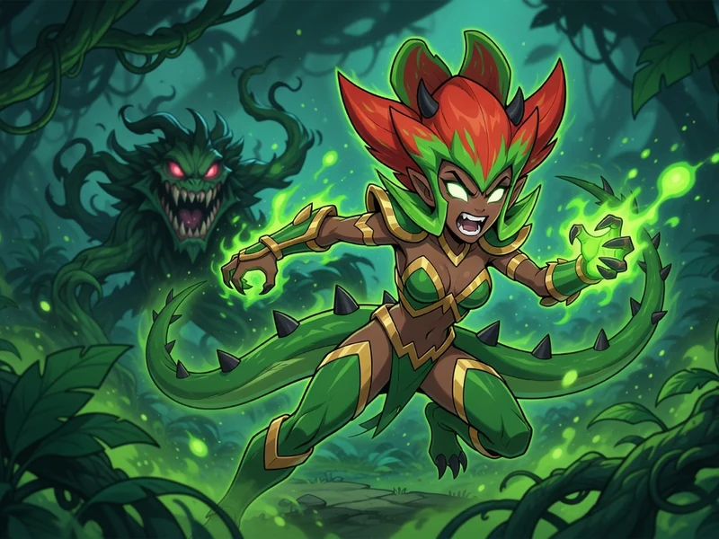 Amy L'Empoisonneuse se tient prête au combat dans la jungle luxuriante devant une créature obscure
