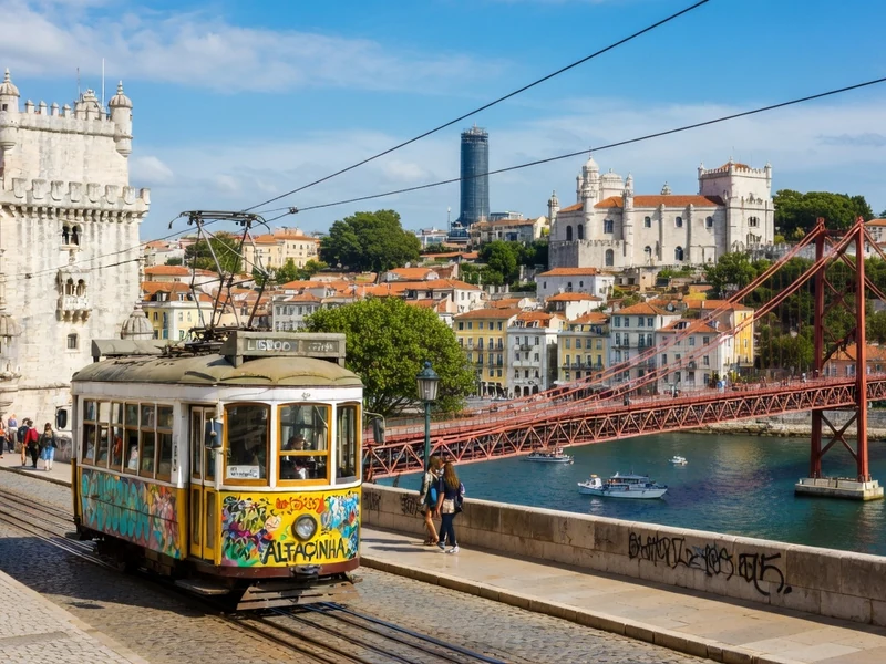 Tramway coloré devant la tour de Belém et le pont pour visiter Lisbonne en 5 jours