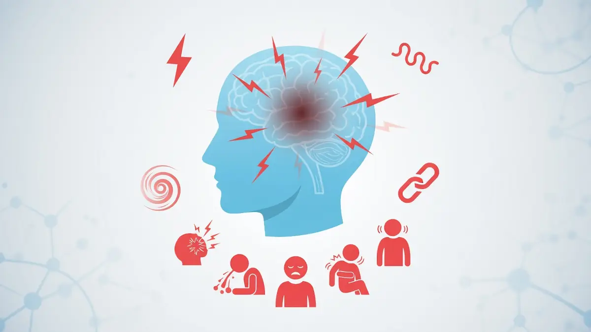 Profil d'une tête bleue avec éclairs rouges et icônes représentant le symptôme tumeur au cerveau