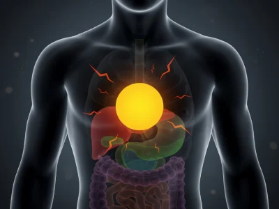 Silhouette humaine transparente illustrant la douleur en haut de l'estomac au milieu